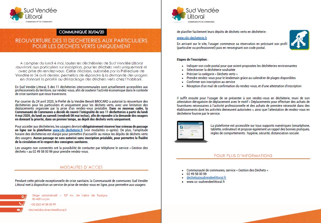 REOUVERTURE DES 11 DECHETERIES AUX PARTICULIERS POUR LES DECHETS VERTS UNIQUEMENT